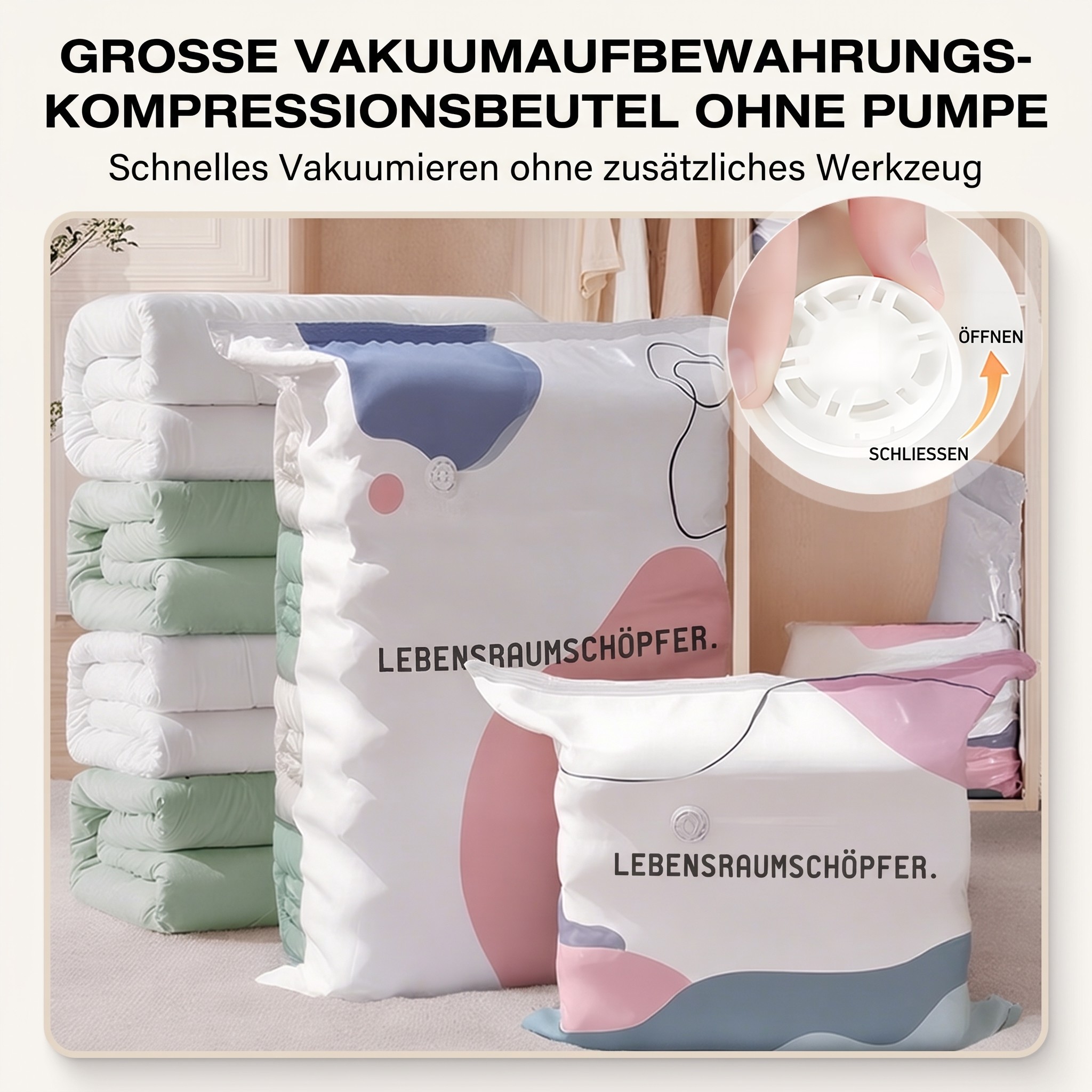 Grand Sac de Rangement Sous Vide Compressible – Sans Pompe, Étanche & Idéal Pour Gagner De La Place Dans Les Valises Et À La Maison
